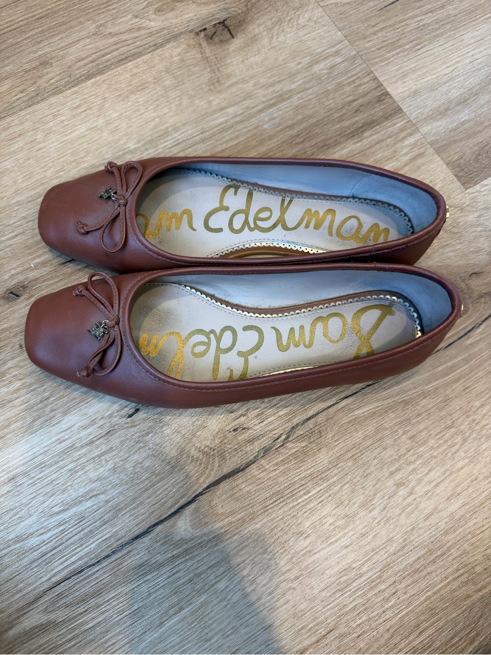 Sam Edelman Brown Leather Square-Toe Ballet Flats with Bow Accent